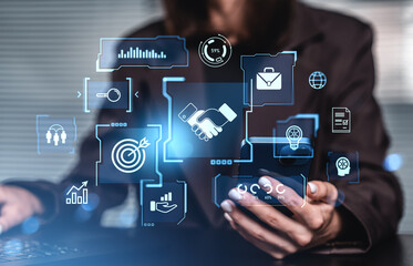 B2B partnership concept with digital business icons on transpare