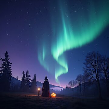 A witch gazes at a vibrant aurora borealis display under a starry night sky, a pumpkin at her feet.