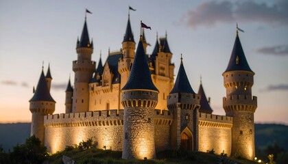 Fototapeta premium Fairytale castle glows at dusk, a magical kingdom