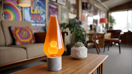 Retro living room with an orange lava lamp on a wood table.