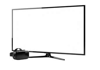 Modern black smart TV & sleek VR headset, blank white screen, isolated on transparent background with bright studio lighting, professional cutting-edge technology concept