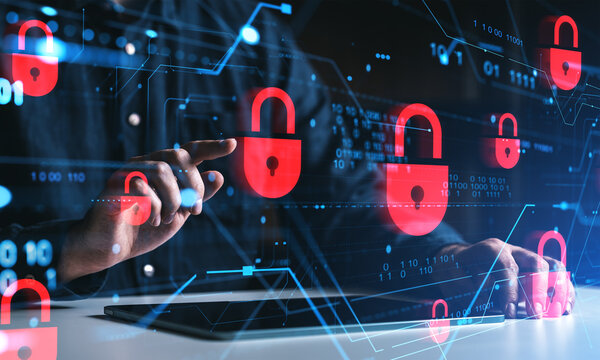 Cybersecurity concept with red padlocks and digital interface overlay on screen. - Powered by Adobe