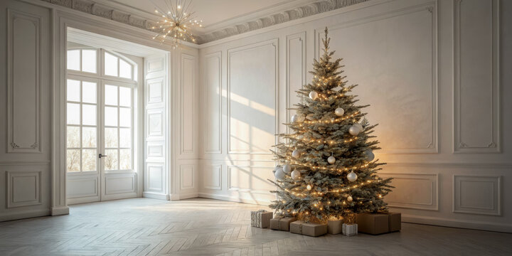 Festive Christmas tree and decoration in an inviting white modern room