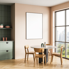 Modern dining room interior with wooden furniture, blank wall poster mockup, large window view, and pastel kitchen accents. 3D Rendering. 3D Rendering