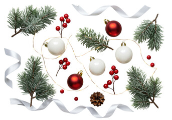 Delicate frosted evergreen pine sprigs, matte red and white Christmas ornaments, ruby-red berries, LED fairy lights, pinecone, silver ribbon on transparent background, 45-degree angle view, elegant