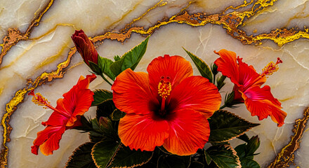 A bright orange hibiscus flower with prominent stamens and a bud is showcased against a warm, marbled background with golden streaks
