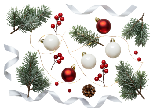 Delicate frosted evergreen pine sprigs, matte red and white Christmas ornaments, ruby-red berries, LED fairy lights, pinecone, silver ribbon on transparent background, 45-degree angle view, elegant