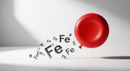 Red blood cell losing many floating iron symbols, illustrating severe anemia or iron deficiency. Vital mineral depletion affecting blood health and body wellness.