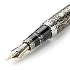 A sleek fountain pen displayed on a white background, showcasing its elegant design, metal nib,