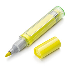 A bright highlighter marker, isolated on a clean white background, typically used to emphasize text in books, notes