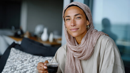 A relaxed woman in a hijab enjoys sipping coffee in a bright, modern setting, embodying tranquility and elegance as she embraces peaceful moments in her surroundings.