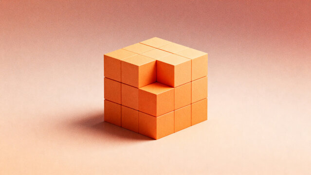 Orange cube structure with missing block, geometric composition on gradient background