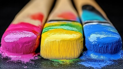Close-up of three paintbrushes, tipped with vibrant colors