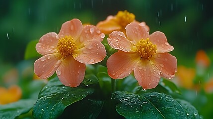 Close-up of three peach-colored flowers, glistening with raindrops, in a lush garden during a light shower