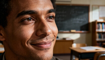 Fototapeta premium Subtle Smile and Engaged Gaze Hopeful Young Man in a Warm Classroom Environment, Deep in Thought or Learning.