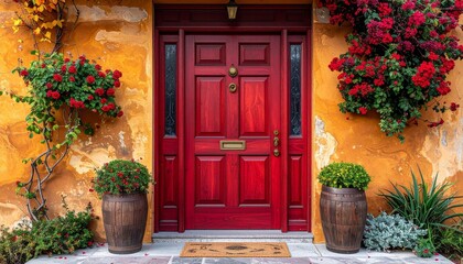 Bold red six-panel front door with brass handle and peephole flanked by vertical windows tall evergreen shrubs and light stone facade for elegant residential architectural and lifestyle visuals