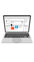 Open Laptop Display Showing Webpage with Search Bar Icons and Video.