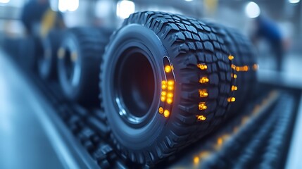 Close-up of tires on a conveyor belt, featuring embedded lights