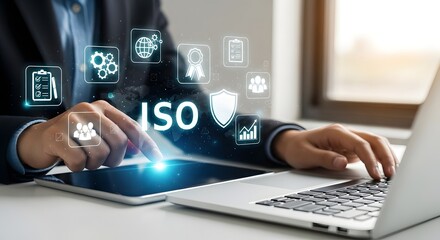 Businessman using laptop with futuristic data charts