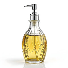 A clear glass oil dispenser bottle isolated on white background, perfect for storing and pouring cooking oils