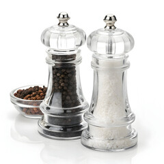 A set of glass salt and pepper shakers isolated on white background, perfect for seasoning food