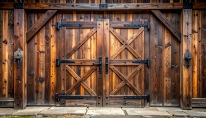 Rustic wooden double door with black metal braces set in textured stone wall featuring lantern light fixture and green plants for traditional architectural and countryside design visuals
