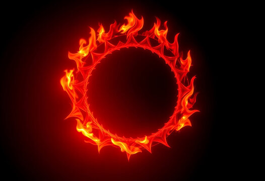 Perfect red circle with flame spikes, representing symbolic yagna fire on dark background, copy space