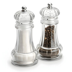A set of glass salt and pepper shakers isolated on white background, perfect for seasoning food