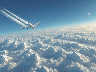 An airplane is flying above a layer of clouds, leaving a trail behind it. The sky is clear with a bright blue hue.