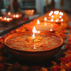 Close-up of traditional oil lamps,  flames dancing, adorned with flowers