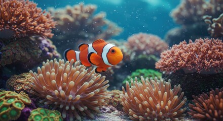 Orange clownfish among coral reef