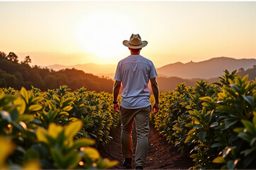Man in a hat walks through a field of yellow flowers during sunset.
