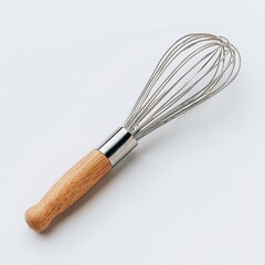 A wooden handle with a metal whisk on top