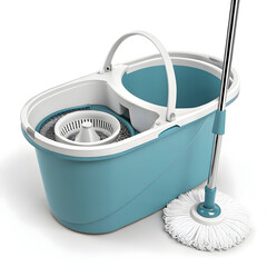 A plastic mop bucket isolated on white background, designed for easy water storage and wringing to facilitate effective