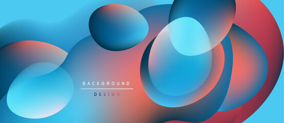 Abstract fluid shapes overlap, creating vibrant color gradients. Blue, red, orange hues blend seamlessly. Modern design element.