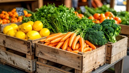Close-up of wooden crates overflowing with fresh produce carrots, broccoli, lemons, oranges, parsley, and green vegetables. A market setting