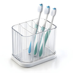 A plastic toothbrush holder isolated on white background, designed to organize and store toothbrushes