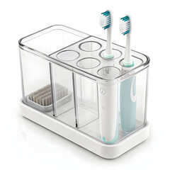 A plastic toothbrush holder isolated on white background, designed to organize and store toothbrushes