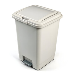 A plastic trash bin isolated on white background, designed for convenient waste disposal in homes, offices,