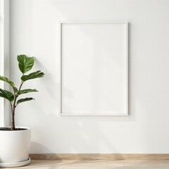 Blank white wood frame on white wall Minimalist interior design , art, style, white wood