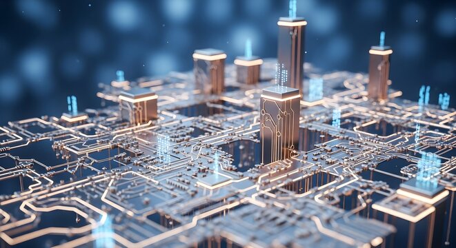 Futuristic digital city built on microchip circuits, representing AI infrastructure, smart city technology, and the future of data processing in advanced electronic urban environments.