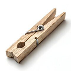 A wooden cloth peg isolated on white background, ideal for securely hanging clothes on a line for drying