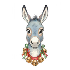 Adorable Donkey with Christmas Bells - Watercolor Portrait