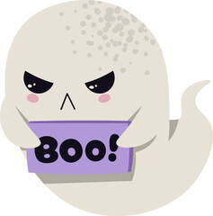 Cute Ghost with Boo Sign Flat Vector Illustration Isolated on White. Halloween Character for Humorous Cards, Party Decor, Social Media Stickers, Pranks. Playful Spooky Style.