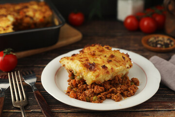 A shepherd's pie, freshly backed and ready to be served. Traditional English dish