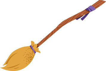 Witch Broom Magic Flight Flat Vector Illustration Isolated on White Background. Halloween Mystical Transportation for Decoration, Stickers, Logo, Web Design, Party Invitations and Spooky Holiday