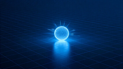 Glowing blue spherical grid structure emitting light on a dark tiled surface