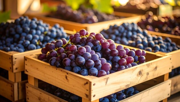 Close-up of wooden crates overflowing with fresh, ripe, purple and black grapes, highlighting texture and vibrant hues, ready for sale