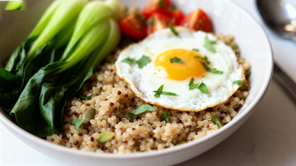 A bowl of quinoa topped with a fried egg, bok choy, and diced tomatoes, garnished with herbs.
