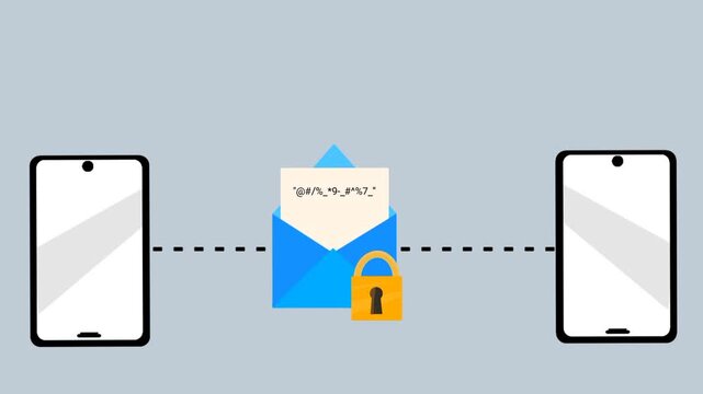 End-to-end encryption animation with message transfer between two smartphones. Lock icon appears at the center representing secure communication. Data security concept.